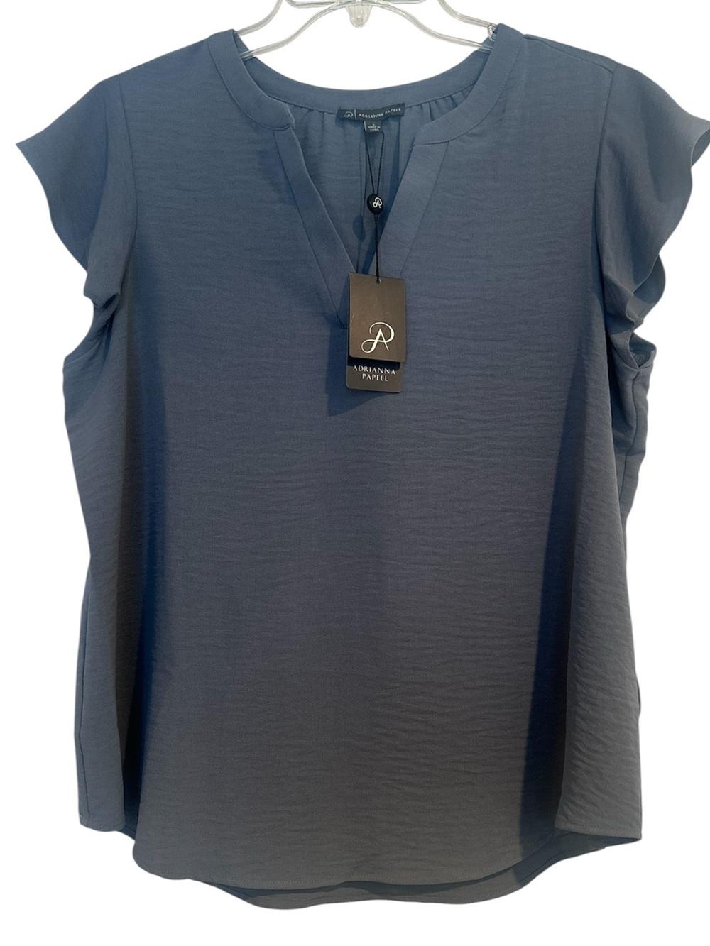 Adrianna Papell Dusty Blue Flutter Sleeve Split-Neck Blouse Large